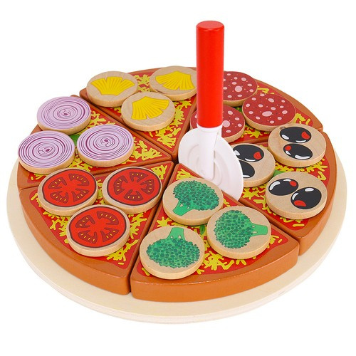 Dřevěná Pizza do dětské kuchyňky Sada s doplňky Pizza na krájení 00022471